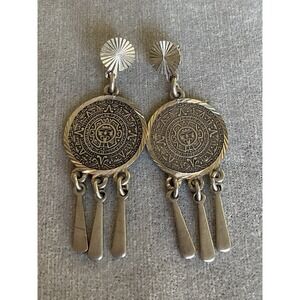 Vintage Mexico 925 Sterling Silver Aztec Calendar Dangle Earrings